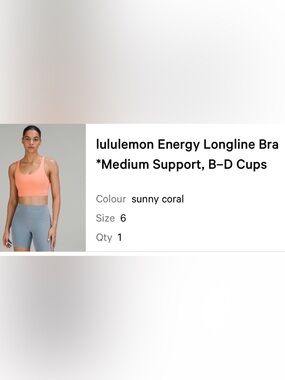 Lululemon Energy Longline Bra in Sunny Coral size 6